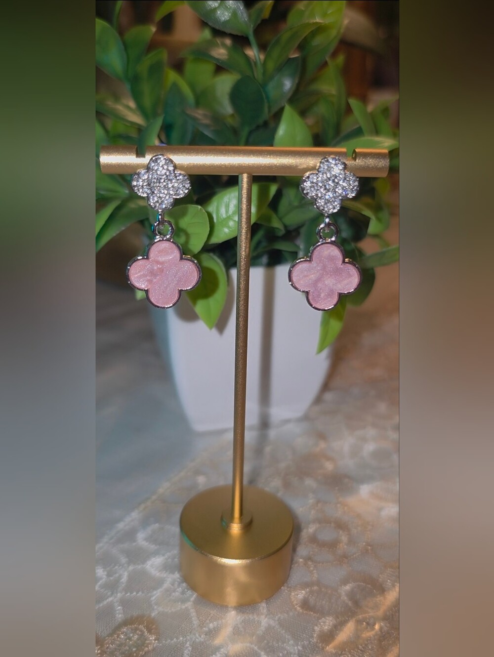 Pink Clover Drop Earrings  Elegant Sparkle
